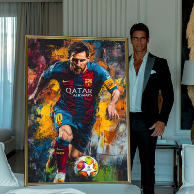 uomo con stampa su tela lionel messi calciatore barcellona